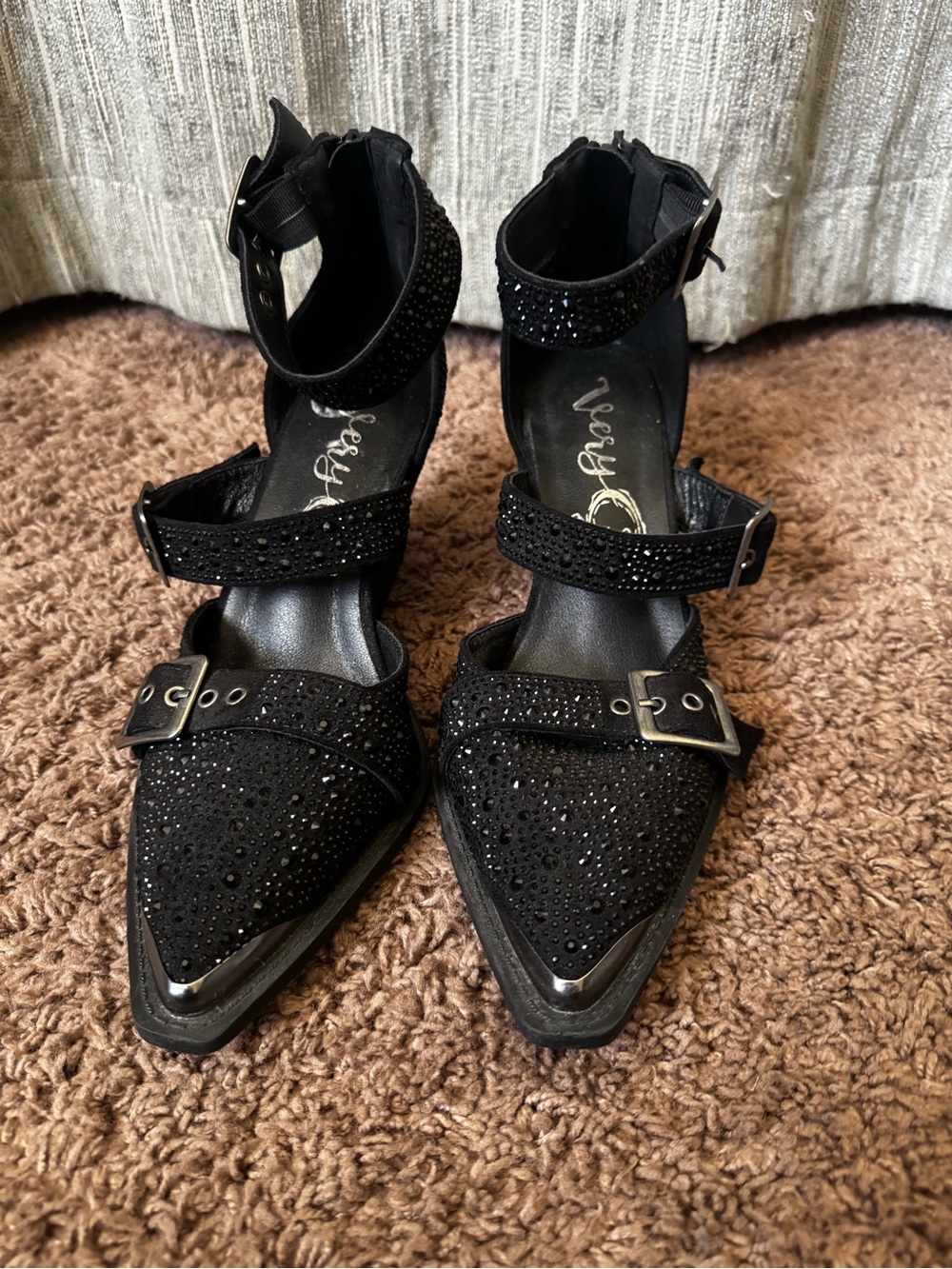 Very G- Western Black Rhinestone Pointed Toe Buckle Heels